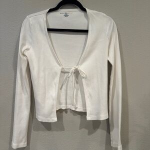 White Long Sleeve Tie-Front Top